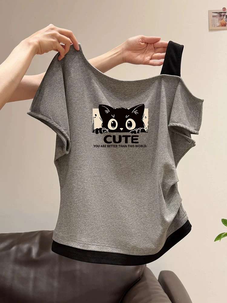 气质减龄韩版慵懒时尚纯欲显瘦上衣夏季假两件百搭斜肩短袖T恤女