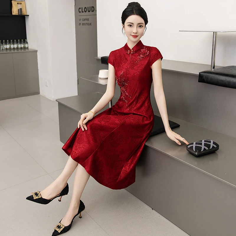 中式立领婚礼礼服旗袍新娘喜婆婆喜妈妈复古A摆裙修身显瘦日常旗