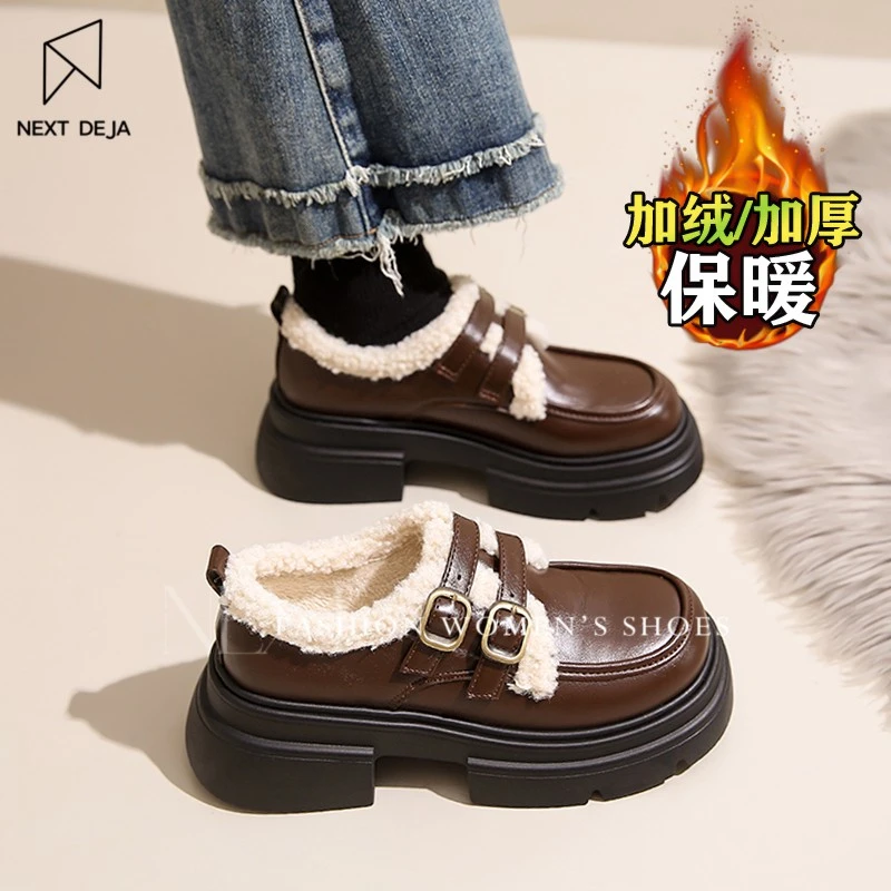 女鞋英伦风小皮鞋2025新款冬季爆款厚底增高羊羔毛毛玛丽珍乐福鞋