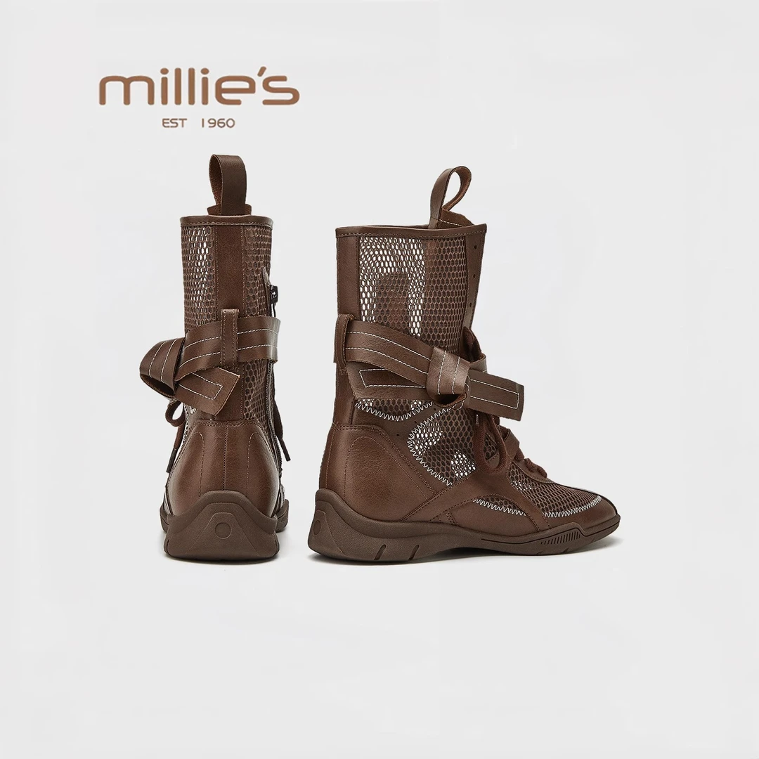 MILLIE'S/妙丽休闲网面凉靴女2025夏拳击猎鸭靴系带圆头百搭单靴