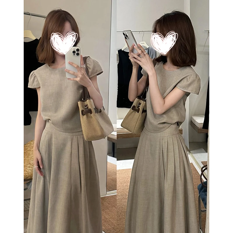 韩系别致灰色泡泡袖高级感短款上衣高腰褶皱半身裙夏季时尚套装