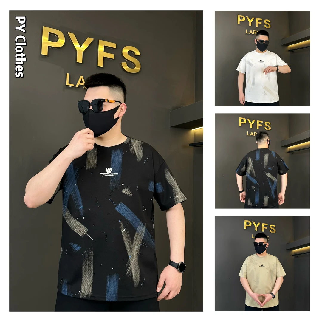 胖语大码男装 2025年春季新款百搭重工彩绘泼墨休闲短袖S8868#K