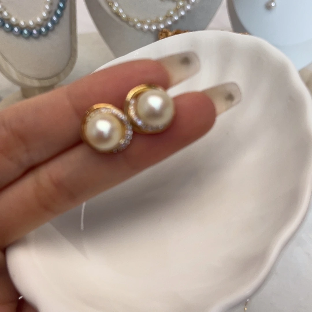 海水珍珠银S925镶嵌耳饰