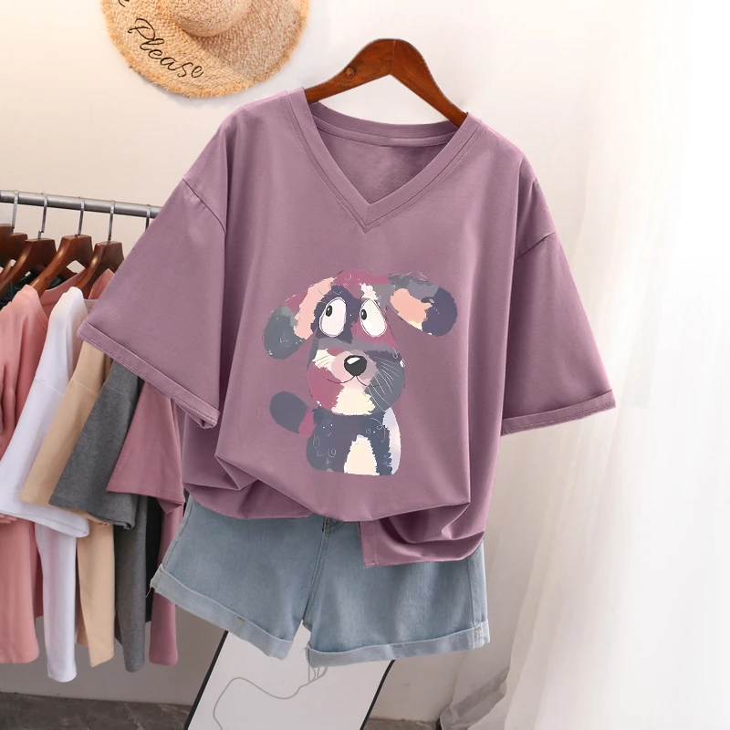 宽松大码胖mm纯棉V领短袖t恤女oversize设计感小众休闲百搭上衣服