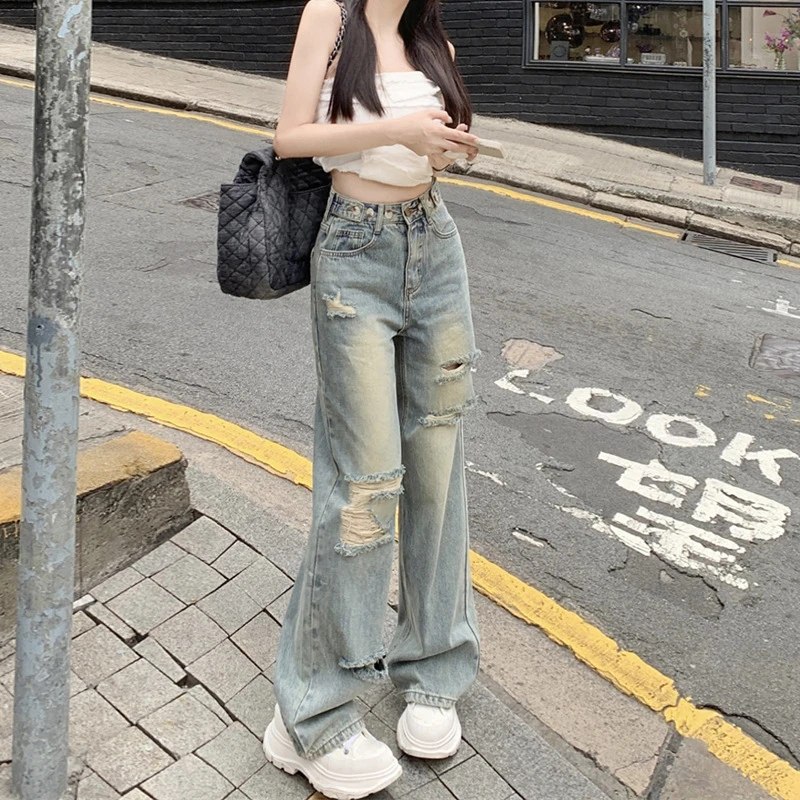 高腰可调节破洞牛仔裤女2023夏季薄款美式复古宽松直筒拖地阔腿裤