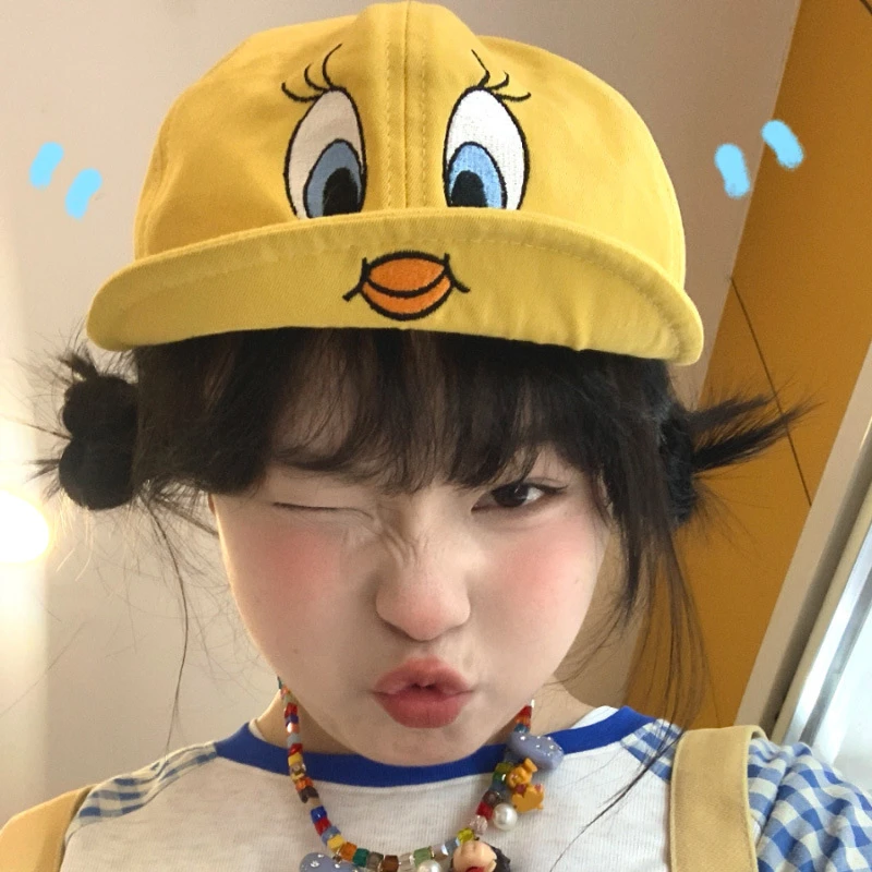 韩国崔第翠儿翻檐鸭舌帽子可爱小黄鸭刺绣棒球帽女显脸小大头围潮