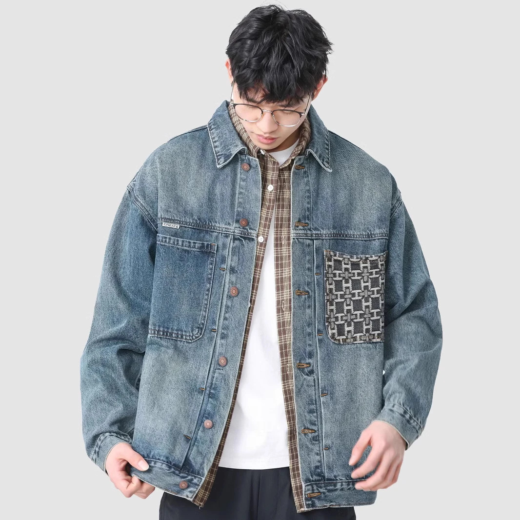 美式高端设计感精密刺绣口袋牛仔外套男2025秋季宽松大码拼接工装