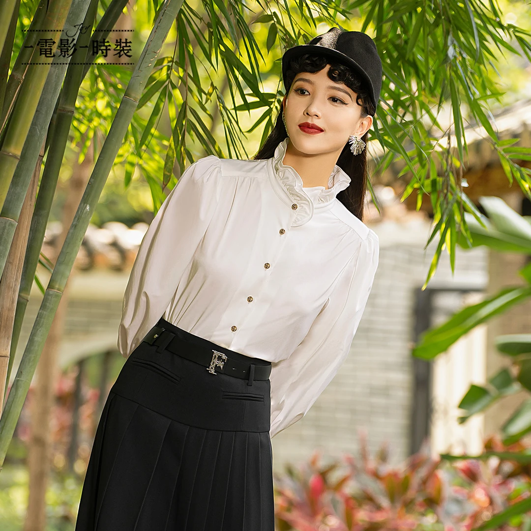 【老板娘夏天】一电影一时装木耳边立领长袖衬衫FEJS141674