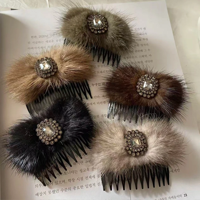 17mart韩国发夹百搭齿梳气质复古风钻钻水貂毛千金风