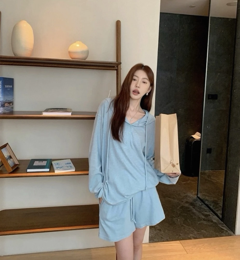 （瓦萨比套装）ibell21休闲风懒人经典连帽卫衣亲肤抽绳短裤C862