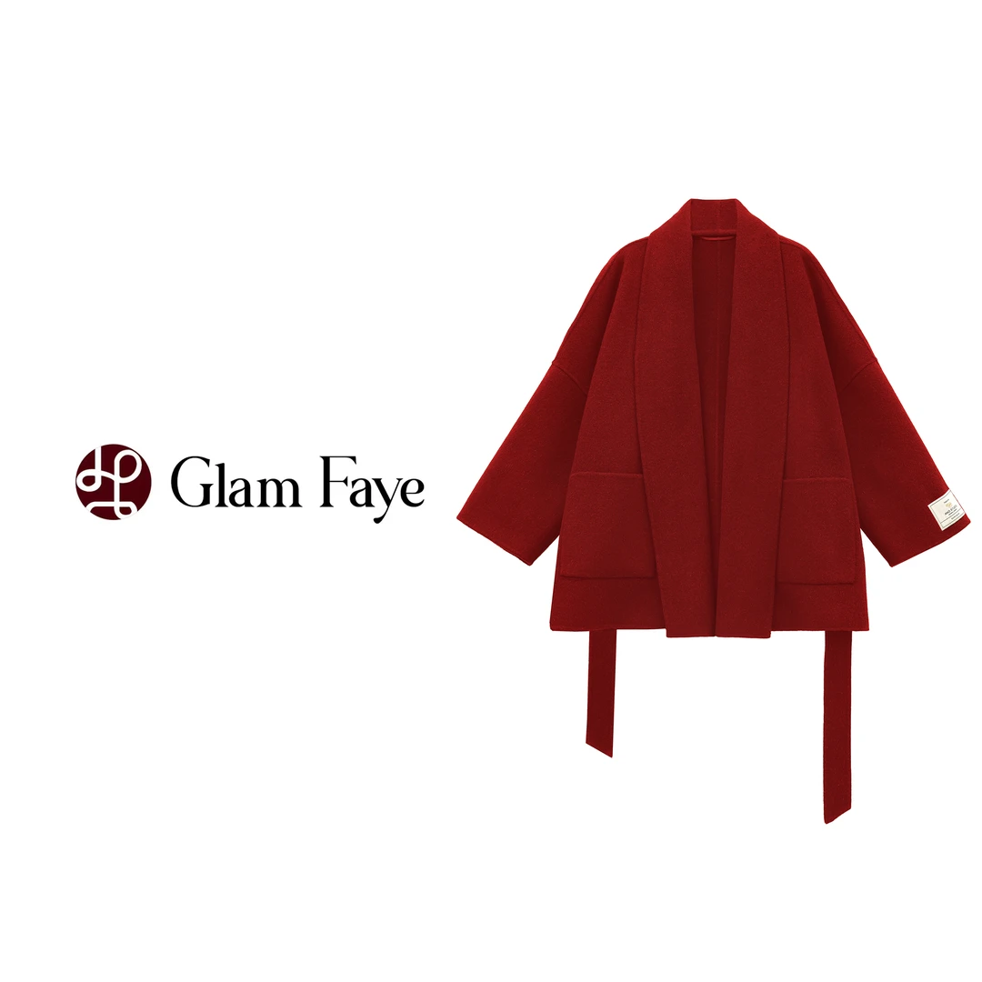 绵羊毛开襟大衣女浴袍款短款长袖宽松版羊毛外套