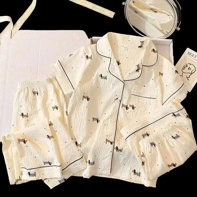 【波点腊肠狗】新款爆款春夏家居服女款睡衣长袖短袖带胸垫三件套