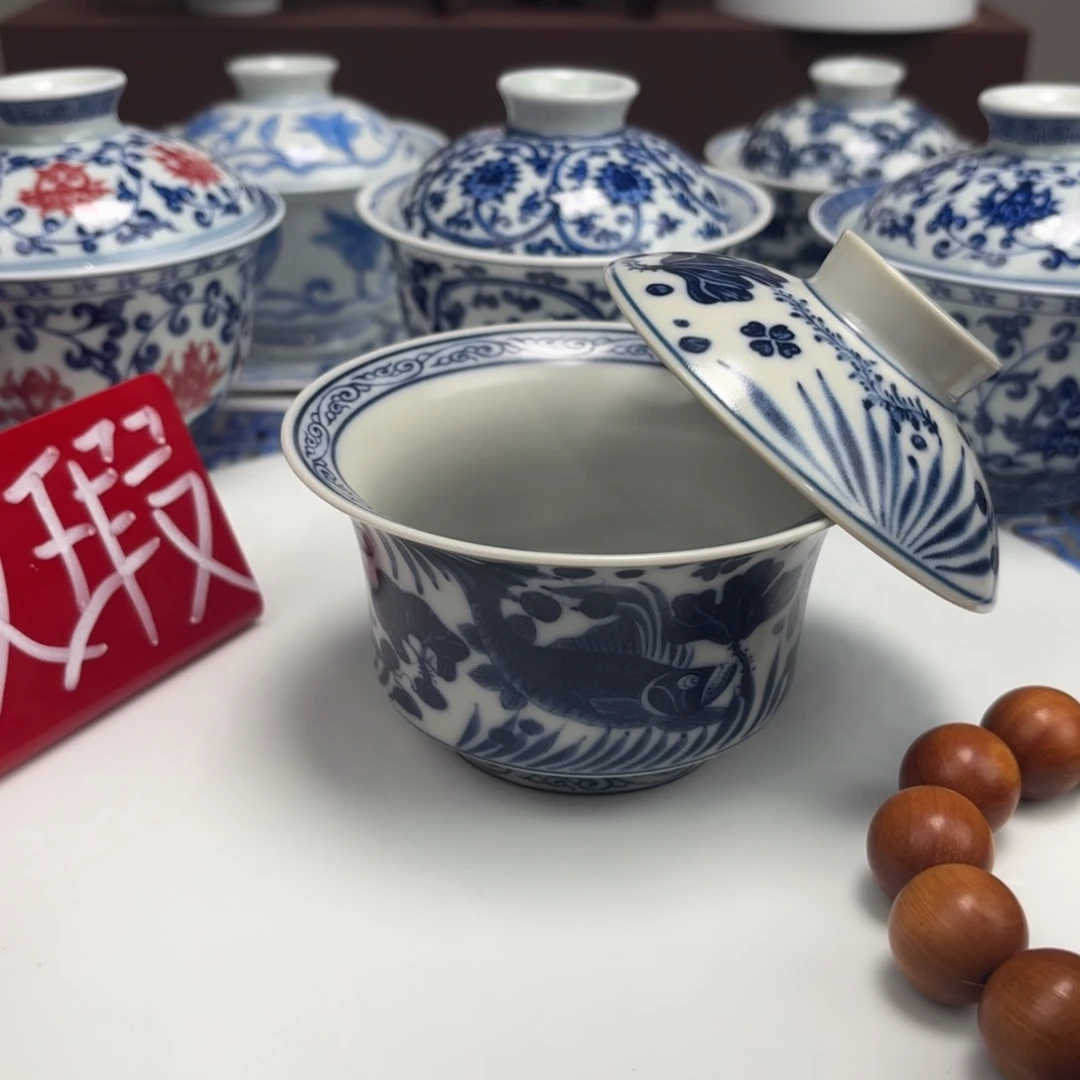 摆件陶微瑕鱼藻纹盖碗景德镇发货