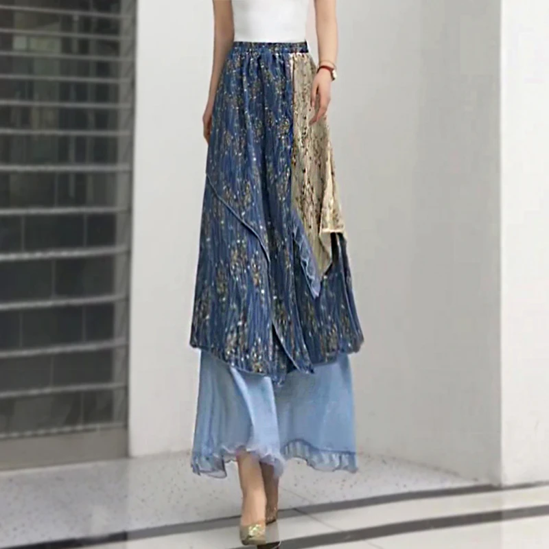 2025夏季新款民族风不规则半身裙波西米亚百褶裙长裙文艺碎花裙女