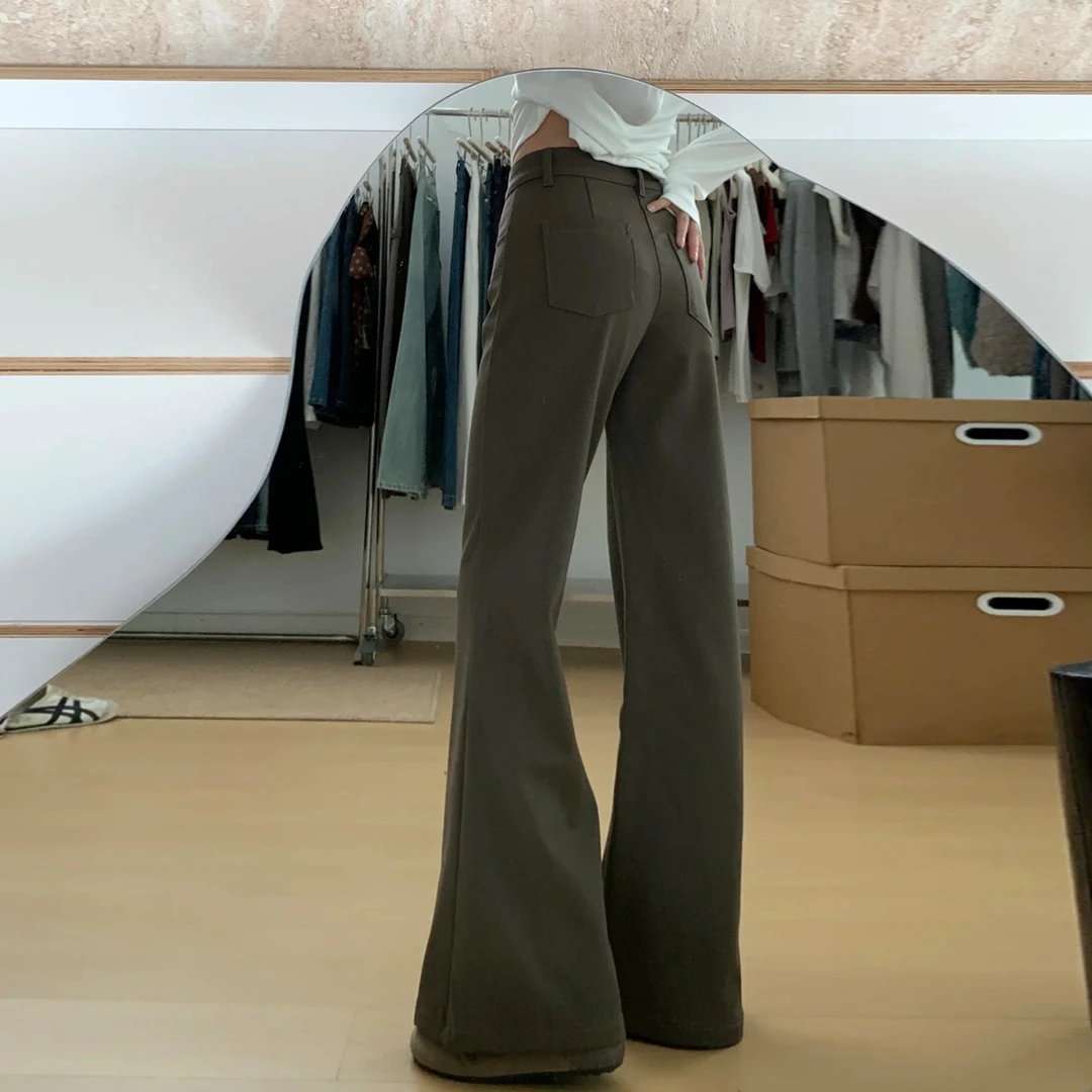 美式复古抗皱微喇西装裤女秋冬新款橄榄绿低腰宽松显瘦喇叭休闲裤