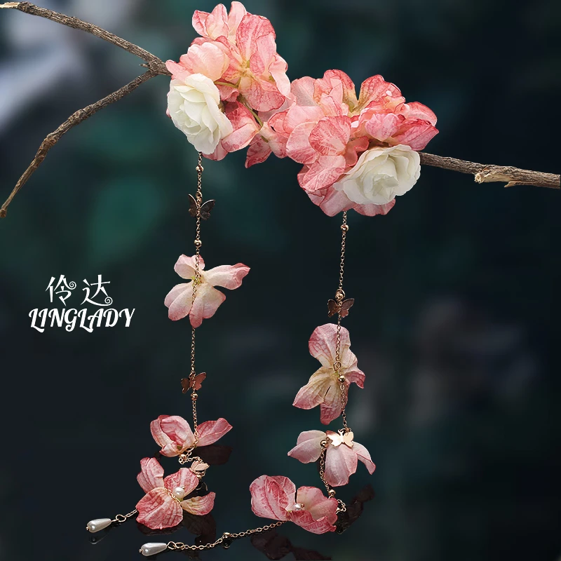 簪花cos汉服配饰长飘带绢花唯美头饰拍照百搭轻奢风