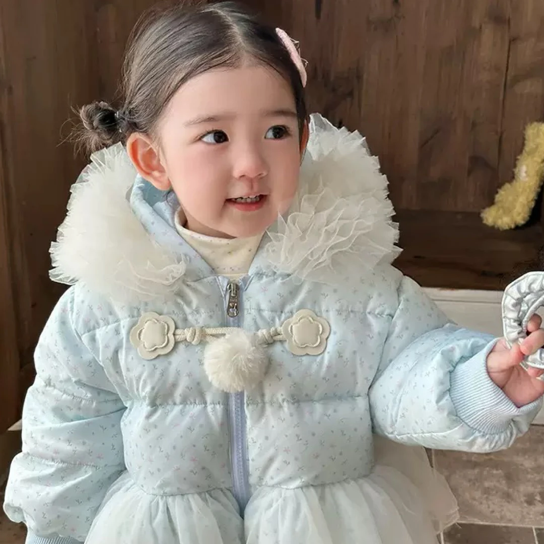 jzp女宝蓝碎花连帽加厚蕾丝羽绒服预售