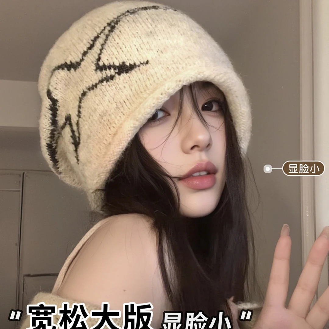 美式复古卷边针织堆堆帽大头围显脸小冷帽女款2025新款百搭毛线