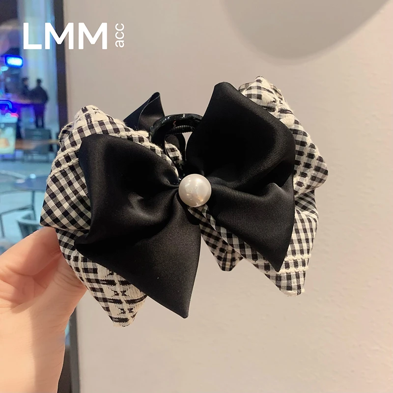 法式千鸟格蝴蝶结大号抓夹女网红百搭后脑勺盘发夹新款气质鲨鱼夹