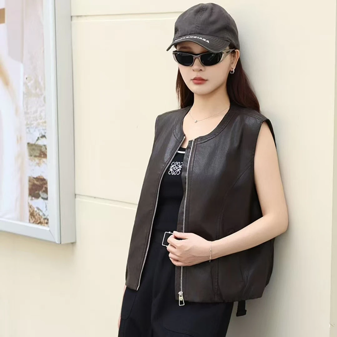 高级感短款PU皮马甲女春秋2025新款宽松休闲坎肩马甲无袖外套上衣