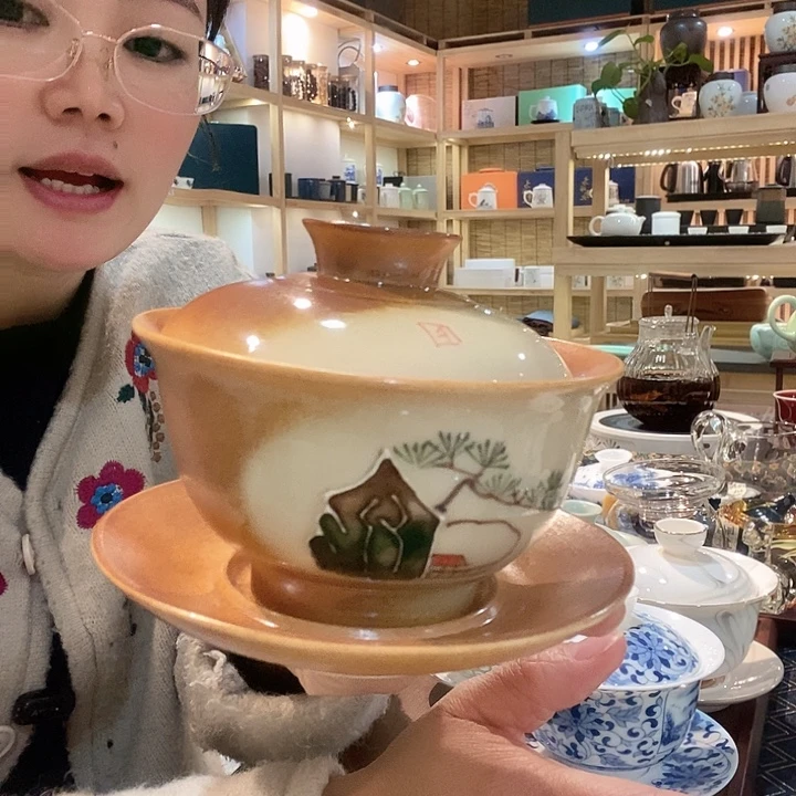 拉花柴烧盖碗手绘