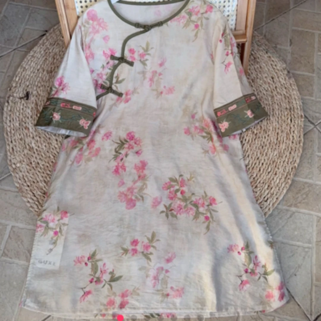 文艺复古连衣裙刺绣花朵设计中式盘扣气质中长款