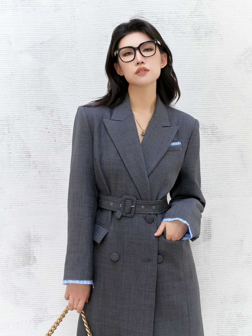 ZHENXI【精纺羊毛西装】高个子加长中长款拼接西装风衣25QDFZ0482