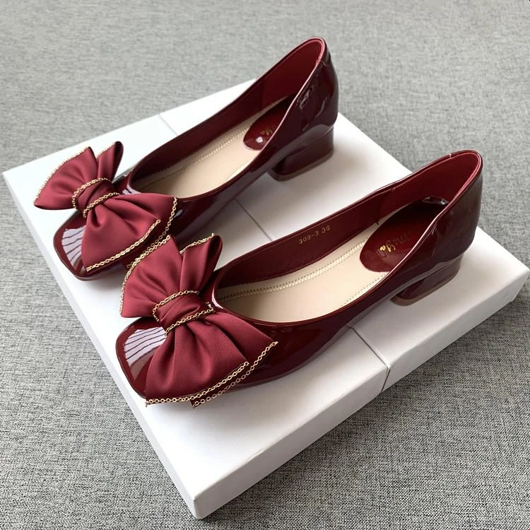 红色婚鞋方头平底单鞋粗跟女鞋2025新款蝴蝶结浅口百搭黑色低跟鞋