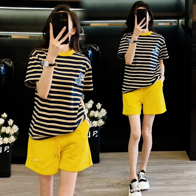 高含棉时尚百搭套装女2025年夏季新款宽松条纹短袖t恤短裤两件套