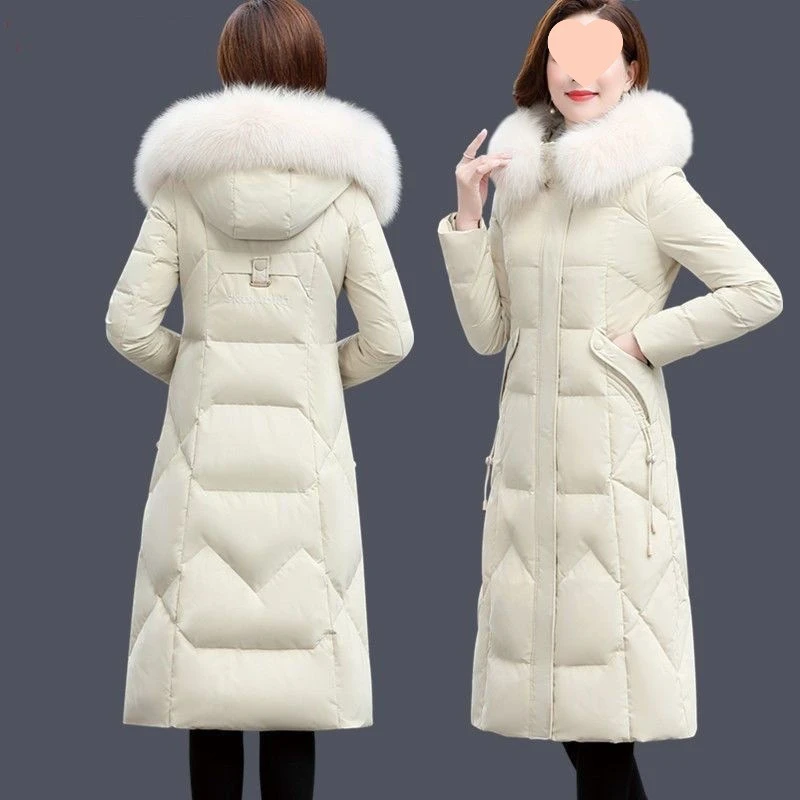 北面腰果花新款白鸭绒羽绒服女长款过膝加厚保暖修身显瘦大毛领纯