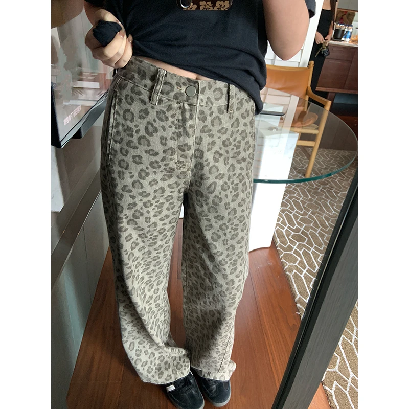 YOKLASS少女家 豹纹宽松直筒牛仔裤个性时尚休闲裤子 H33846S52