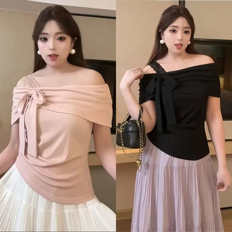 大码胖mm纯欲蕾丝拼接蝴蝶结一字肩短袖T恤女2025夏季甜美风上衣