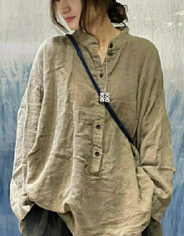 麻姑娘定价做旧亚麻衬衣套头半扣衫