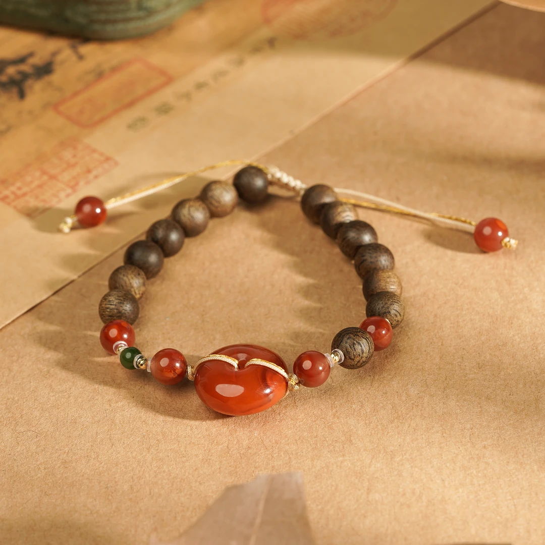 【18K】念安·文莱沉香火焰纹平安扣单圈手串6MM圆珠手编绳文玩Q3