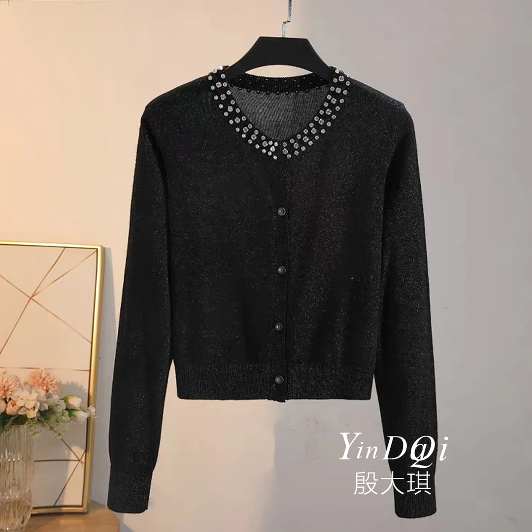 秋装新品 圆领钉钻针织开衫上衣女 2162