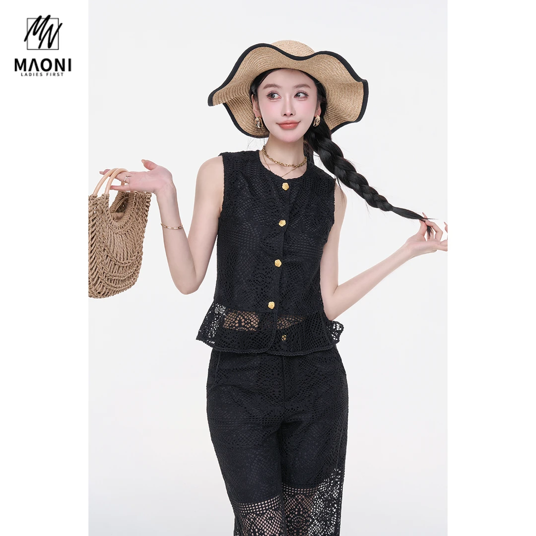 毛妮Peshe【漫步西雅图】镂空透气套装无袖上衣休闲裤两件套L1762