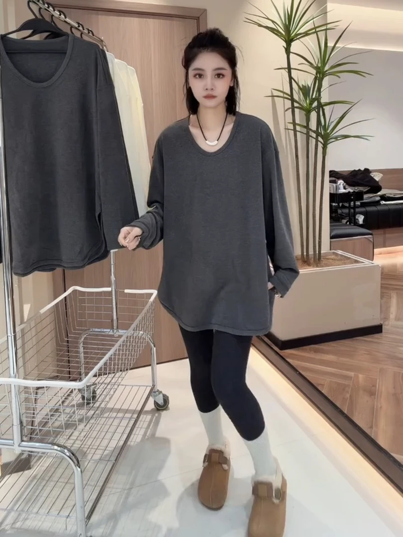 2025秋冬新款宽松内搭纯色长袖打底衫女韩版开叉中长款T恤女上衣