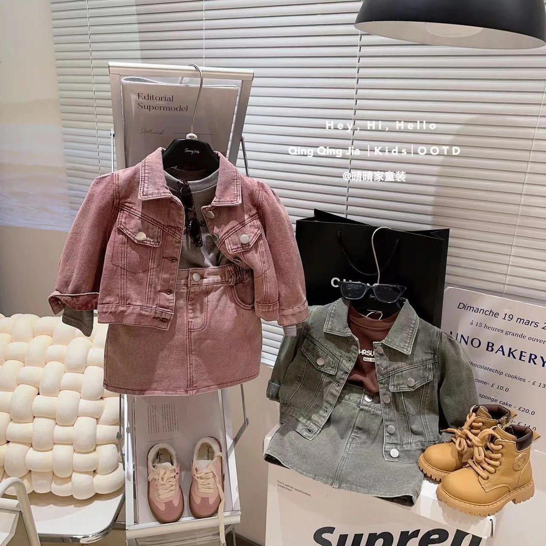 女童时尚做旧复古风翻领短款外套短裙洋气两件套2025春装GC0238鱼