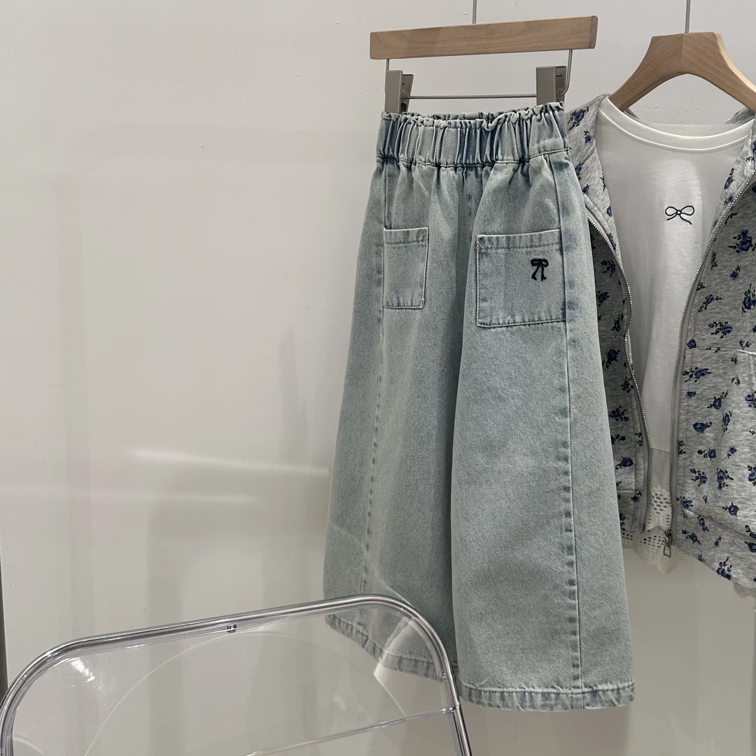春季新品韩版女童裤子微喇阔腿裤长裤口袋刺绣蝴蝶结牛仔裤
