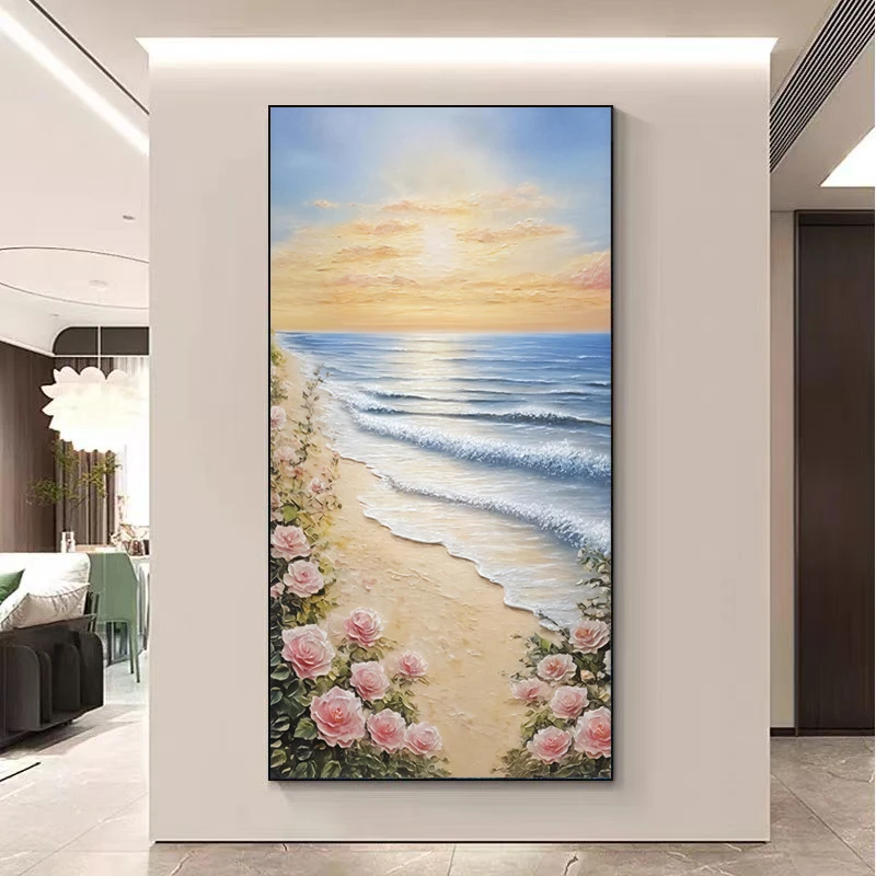 《海岸生花》手绘油画春暖花开大海沙滩风景玄关画走廊过道挂画