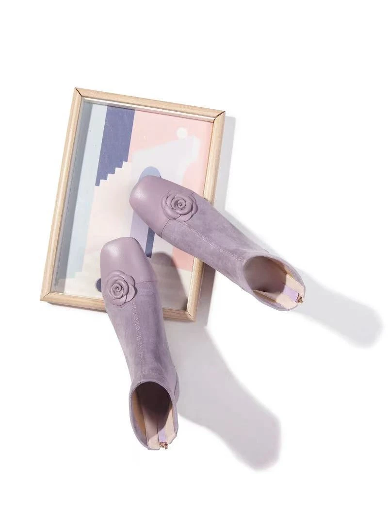 2025新款秋冬小香风山茶花浅紫色方头小粗跟短靴女真皮弹力瘦瘦靴