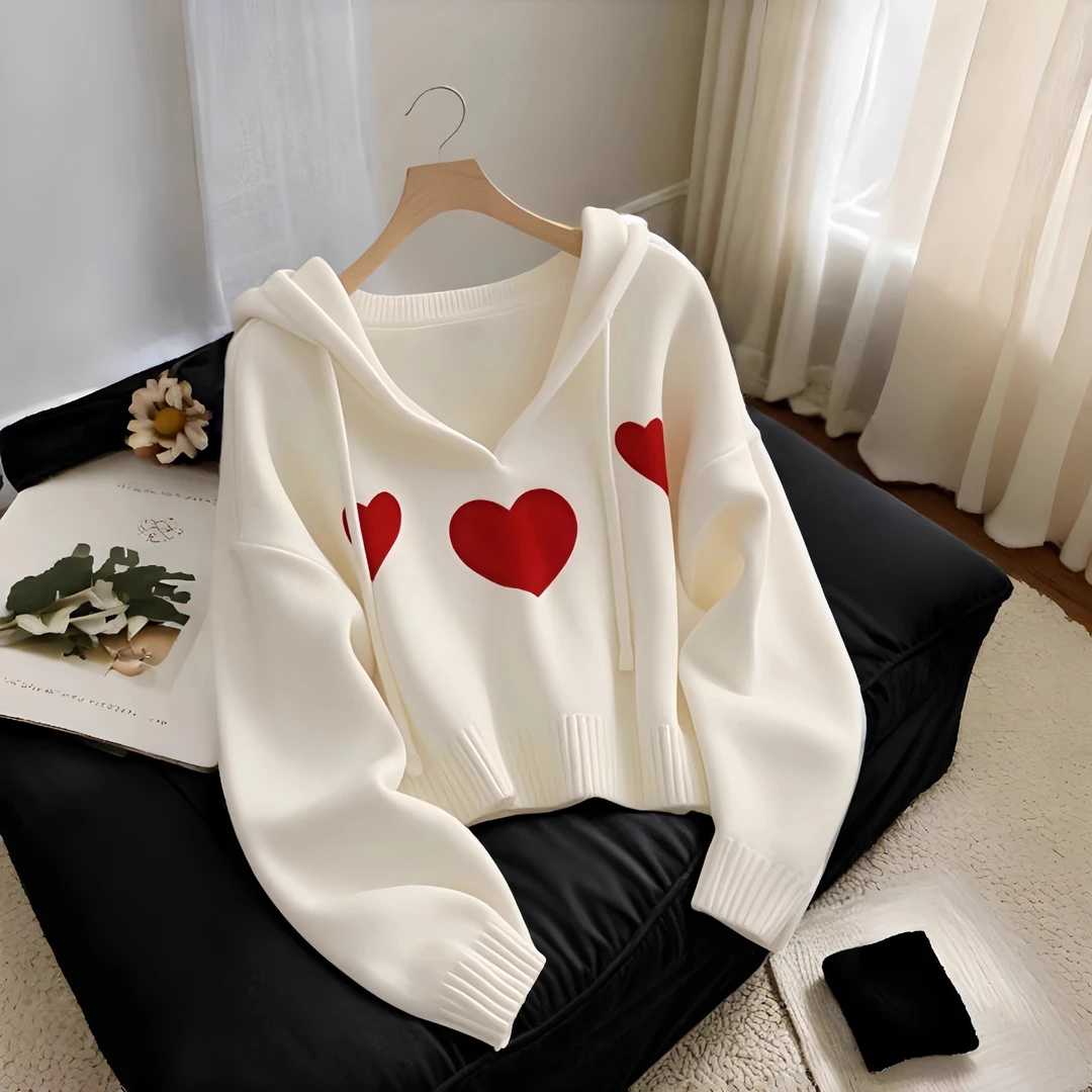 白色爱心针织慵懒风连帽卫衣女2025新款爆款春季韩系chic别致上衣