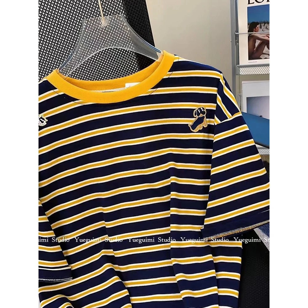 美式复古撞色条纹短袖T恤女春季新款宽松休闲洋气百搭高级感上衣