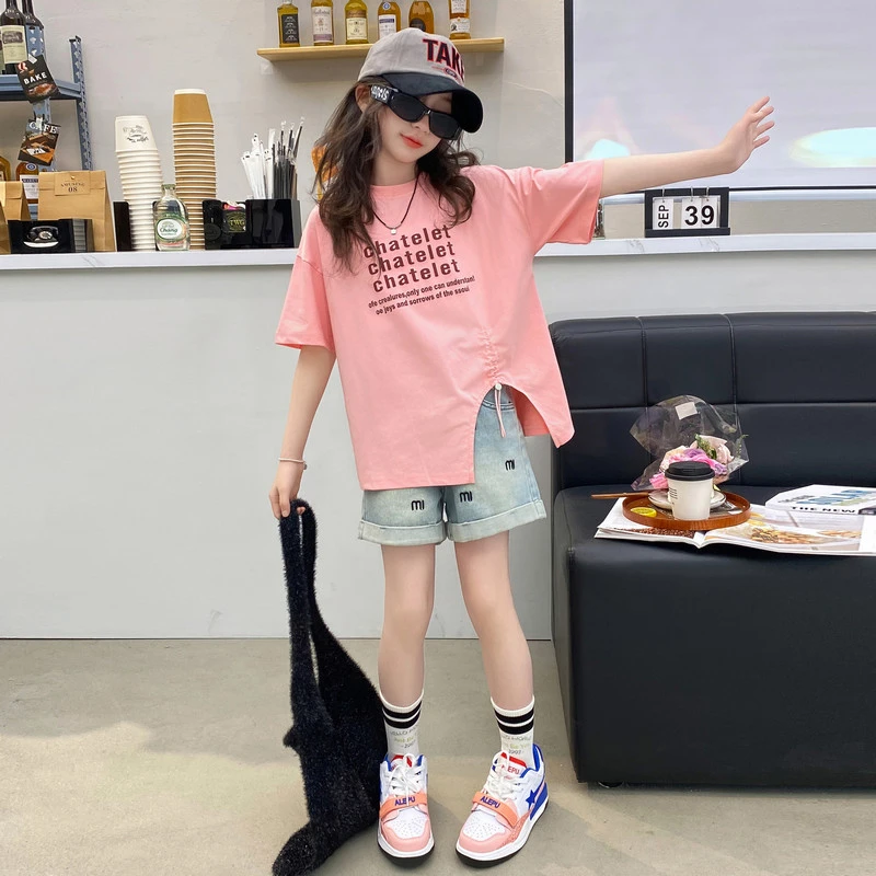 女童夏季短袖T恤套装2025新款女大童夏装t牛仔短裤儿童时髦两件套