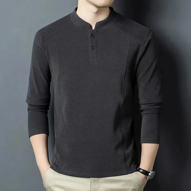 2025新款亨利领卫衣男秋季美式拼接立领长袖T恤内搭打底衫