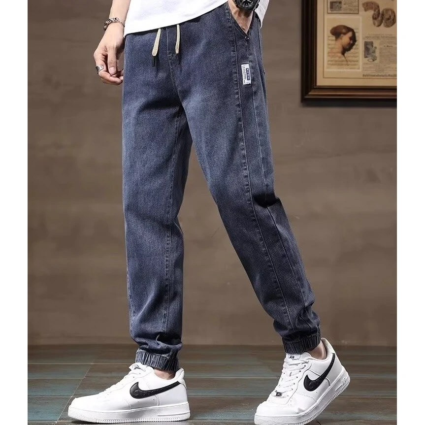 春秋季美式潮牌复古牛仔裤男士宽松束脚松紧腰休闲弹力哈伦裤子