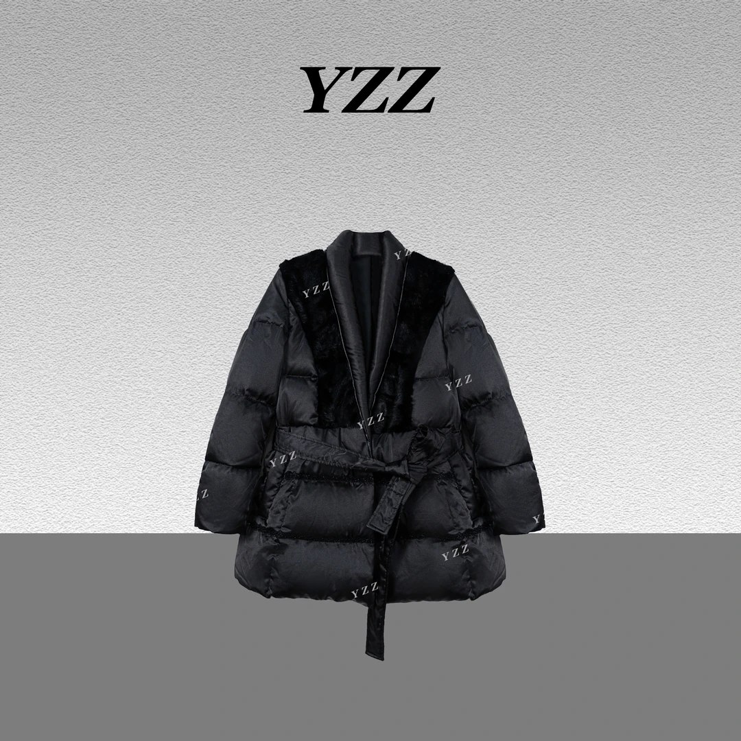 YZZ “黑宝石”冬季串珠设计90白鹅绒中长款水貂毛羽绒服 810602