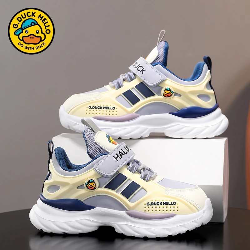 小黄鸭男童鞋子中大通跑步鞋秋季新款皮面软底女孩休闲跑步潮鞋