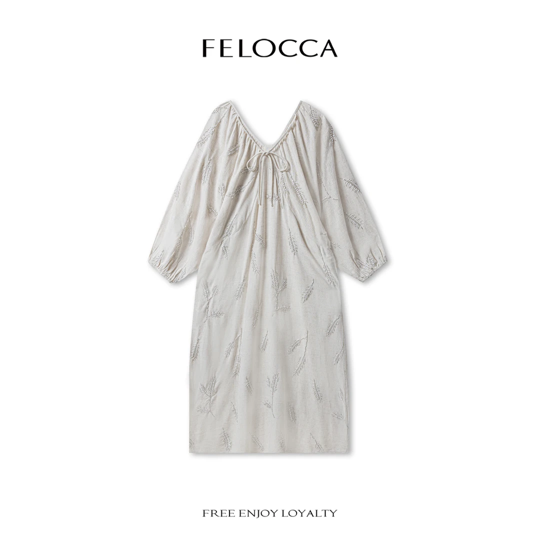 【FELOCCA】春季高级感长袖连衣裙V领慵懒提花长裙NYN-4548