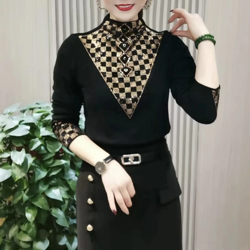 秋冬新款修身显瘦时尚半高领烫钻长袖打底衫大码遮肚子减龄小衫潮